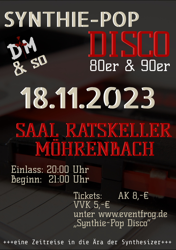 poster mit Infos zur Synthie-Pop-Disko am 18.11.2023 im Raatskeller in Möhrenbach, Thüringen